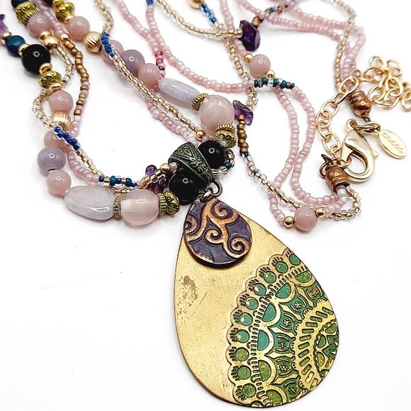 Chico's Bohemian Beaded Pendant Necklace - Amethyst Chips - 36" - 3 Bead Strands - Picture 9 of 12